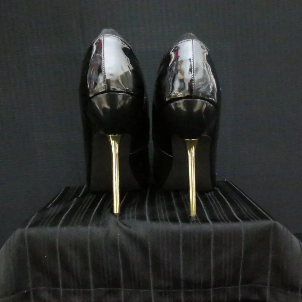 Shoedazzle Gwendolyn Shoes Black Patent Gold Platform Stiletto Pumps Size 8.5